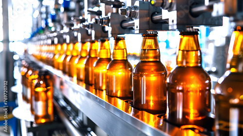 Close-up of the bottling line with beer at the beer factory