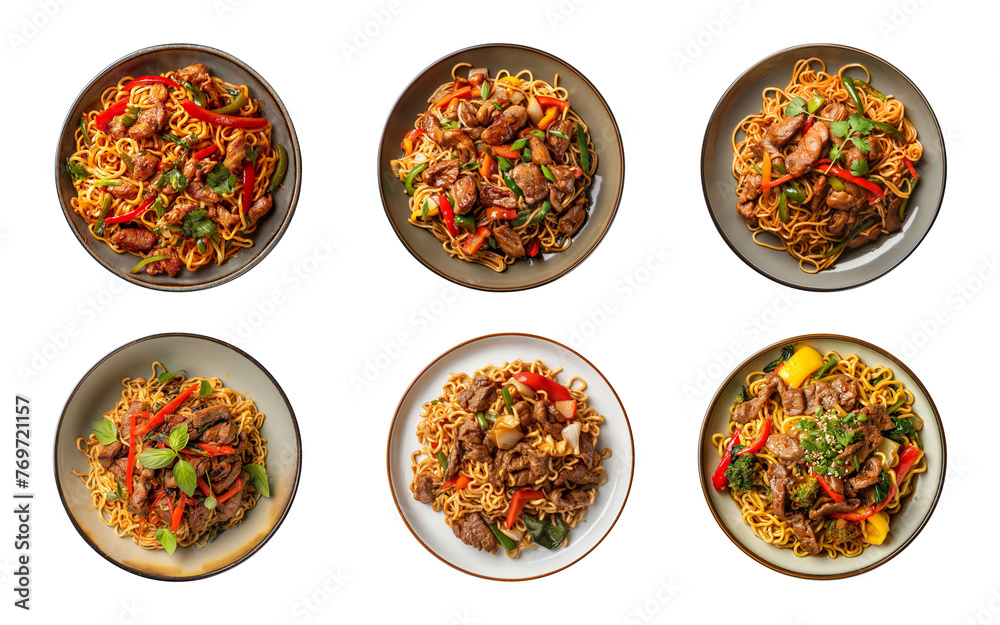Collection of top view plate of fried noodles with meats and vegetables isolated on a transparent background, PNG Collection of top view plate of fried noodles with meats and vegetables isolated on a transparent background, PNG
