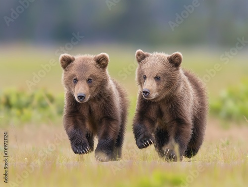 Two brown bear cubs walking side by side in a natural grassland habitat, displaying curiosity and sibling harmony.