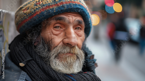 Close-up portrait of a bearded homeless man with expressive eyes on a busy city street
