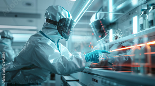 A 3D visualization of a researcher in a biosafety level 4 lab dressed in a full protective suit photo