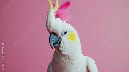 Blissful white cockatoo parrot with yellow cheeks wearing party paper cap with pink tuft grinning pet bird on pink background photo