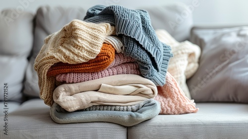 A Haphazard Heap of Knitwear Awaiting Categorization on a Plush Grey Sofa