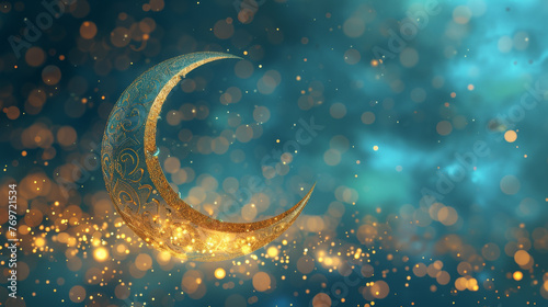 Artistic rendering of a stylized shiny crescent moon enveloped in ornate Islamic patterns set against a dreamy bokeh background with hues of gold and blue photo