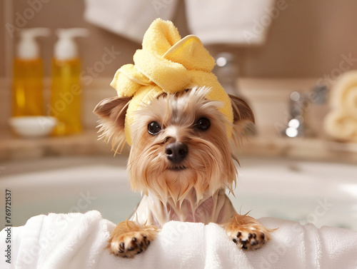 A cute dog is bathing in the bathroom. The concept of care, a pet.