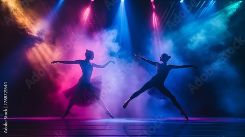 Silhouette of ballet dancers on stage with colorful lights and smoke effects.