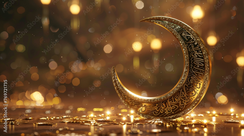 Hyper-realistic 3D render of a metallic crescent moon intricately designed with Islamic calligraphy and motifs - obrazy, fototapety, plakaty 