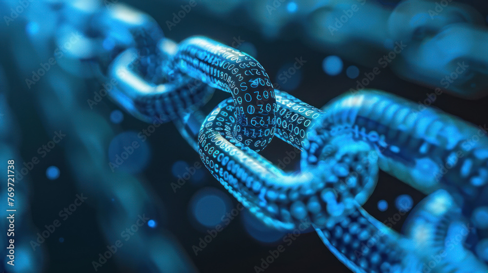 This visually striking image shows numeric binary code intertwined within the links of a digital blockchain