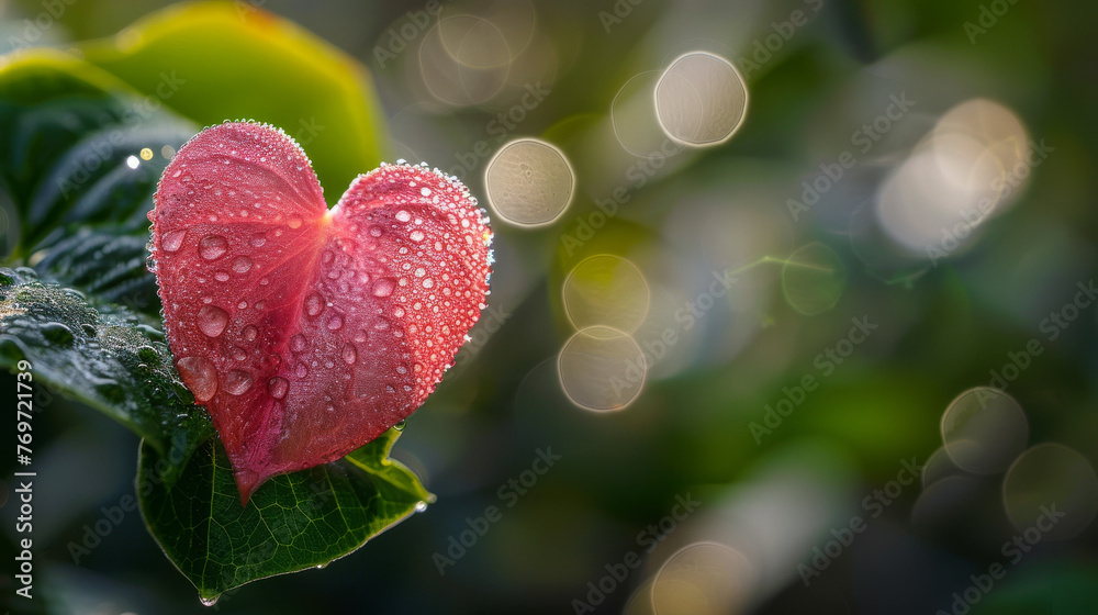 Macro shot of a single dew-covered pink heart-shaped petal on a background of blurred green foliage highlighting the petals intricate veins and the soft texture - obrazy, fototapety, plakaty 