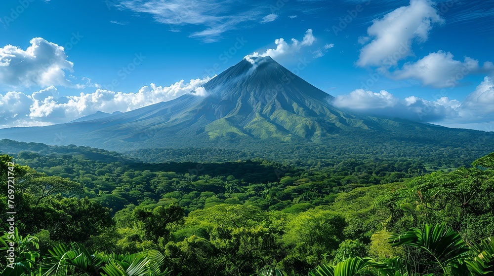 Green Volcano landscape with beautiful sky. - obrazy, fototapety, plakaty 