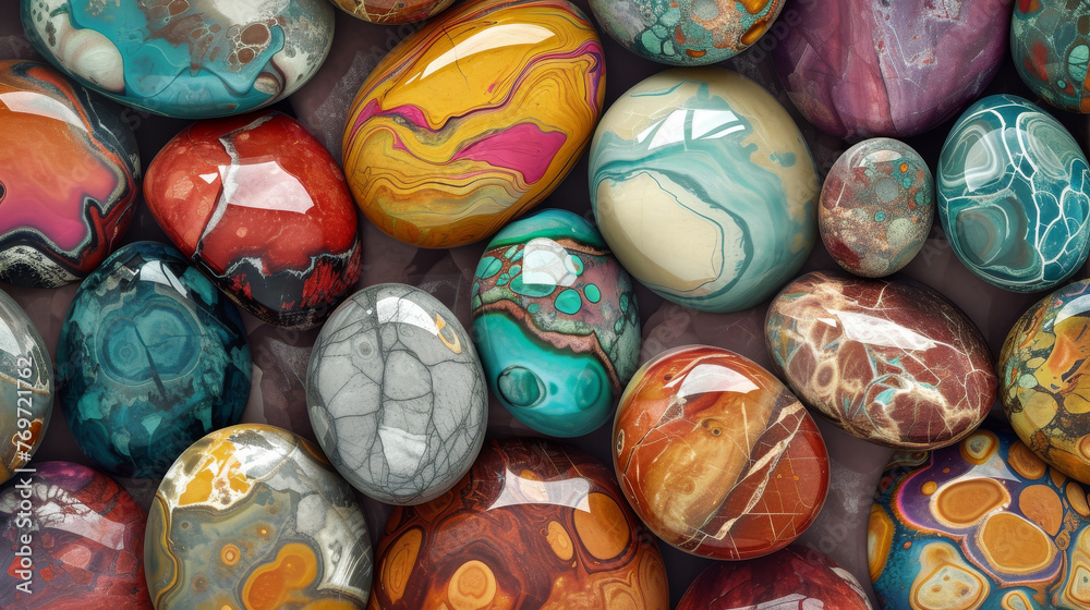Stylized digital painting of an abstract background featuring rounded multicolored marble stones each stone adorned with whimsical patterns and a glossy finish - obrazy, fototapety, plakaty 