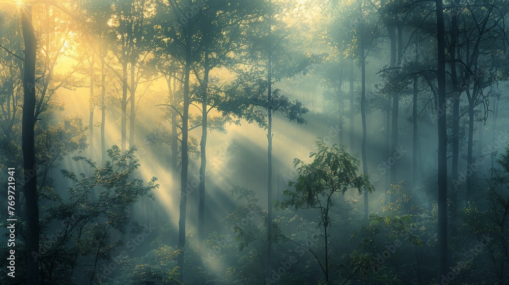 Atmosphere: A misty forest at dawn - obrazy, fototapety, plakaty 