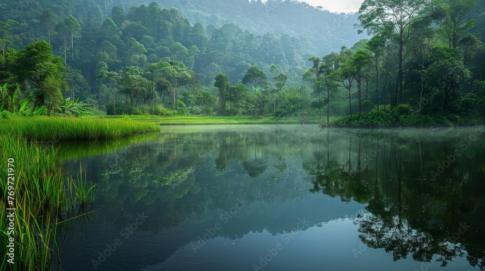 Atmosphere: A tranquil lake surrounded by lush greenery - obrazy, fototapety, plakaty 