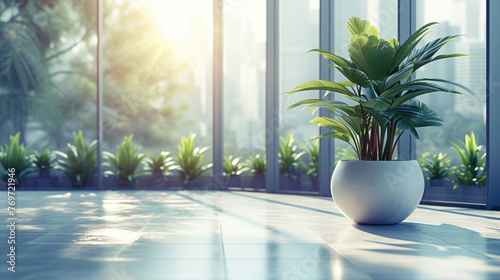 Bright office interior background with a potted plant in foreground. Ai generative.