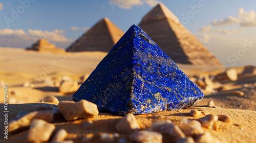 A vivid blue pyramid sculpture stands stark against the backdrop of the Great Pyramids and clear desert sky
