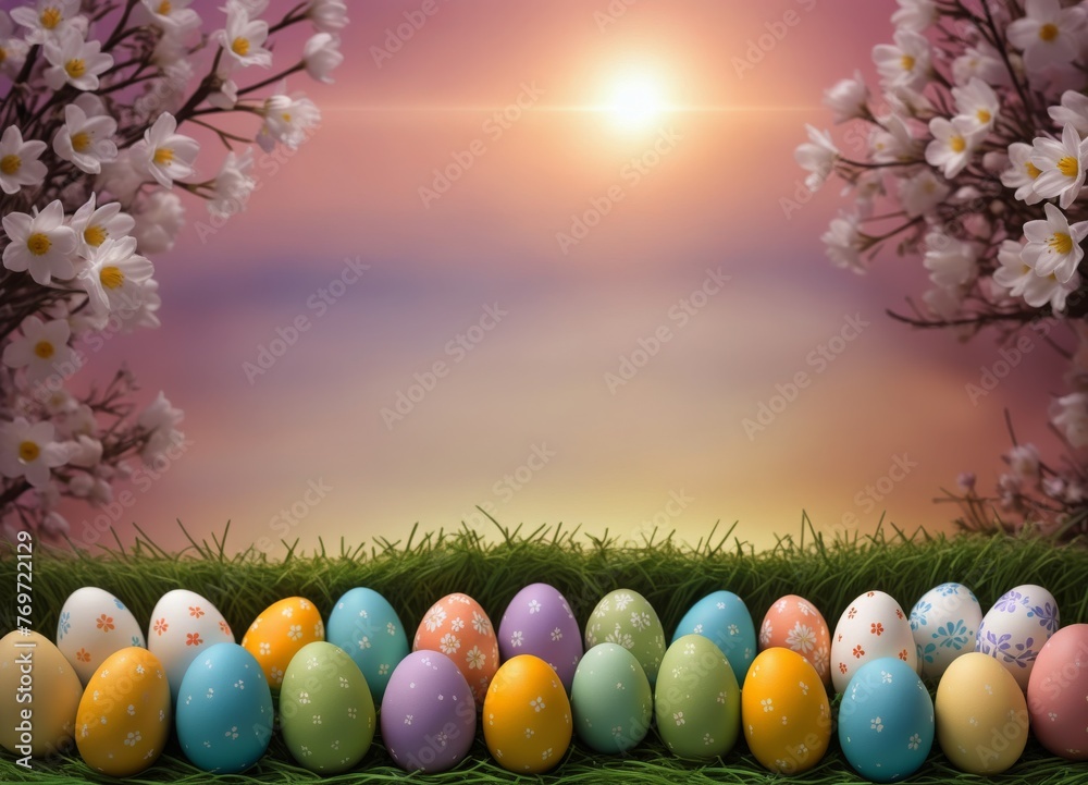 Easter Eggs and decoration on blury Spring Sky Background: Vibrant Illustration for Easter Celebrations - obrazy, fototapety, plakaty 