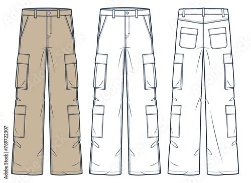 Cargo Pants technical fashion Illustration. Denim Pants fashion flat technical drawing template, pockets, front and back view, white, beige, women, men, unisex CAD mockup set.
