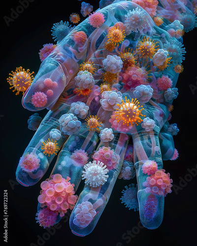 Vibrant digital art showcasing the clash of bacteria and viruses on human hands, highlighting infection's stealthy spread.