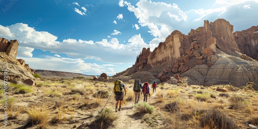 A group of backpackers trekking through a rugged desert landscape.