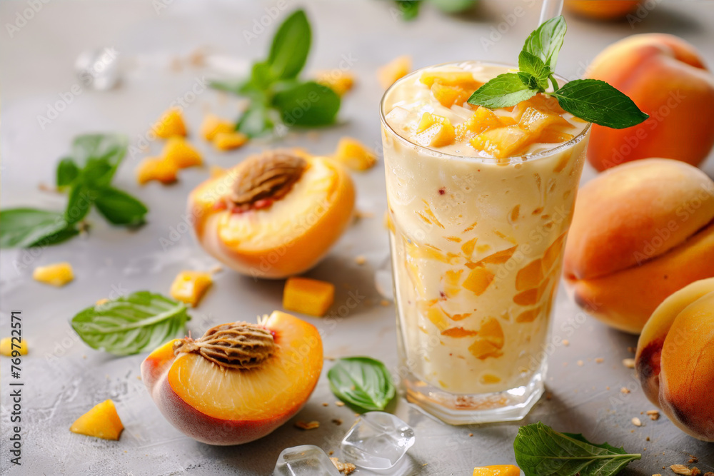 A glass of peach smoothie with mint leaves. Chilled protein shake with peach and mint. A healthy snack, yogurt with pieces of fruit. A horizontal illustration with space for text. A glass of peach smoothie with mint leaves. Chilled protein shake with peach and mint. A healthy snack, yogurt with pieces of fruit. A horizontal illustration with space for text.