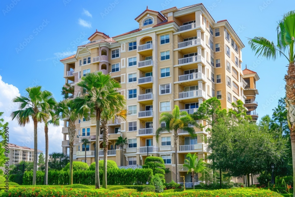 low angle view of a tall modern high rise commercial and residential building architecture exterior at day time