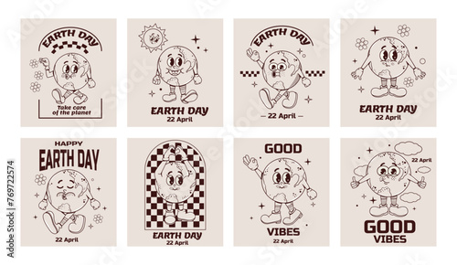 Set of posters for earth day celebration. Love and save the environment and eco. Collection of modern trendy planet characters in groovy style. Y2k elements. Funky cute. April 22. Hippies 70s, 80s.