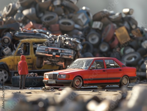 A man stands in front of a red car in a junkyard. The car is surrounded by a pile of tires and other junk. Concept of abandonment and decay, as the car © MaxK