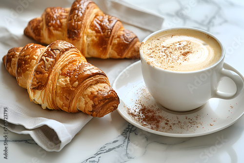 Continental breakfast with fresh croissants and cup of coffee, latte art on top, on white marble background with copy space. Top view cafe concept. Design for menu, poster, banner