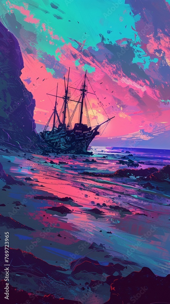 A stranded shipwreck on a deserted shore, dreams dashed against the rocks