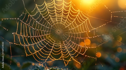 Dew-covered spider web in the early morning light, showcasing the delicate interplay of water droplets, the background is a soft blur of green and gold created with Generative AI Technology © Sentoriak