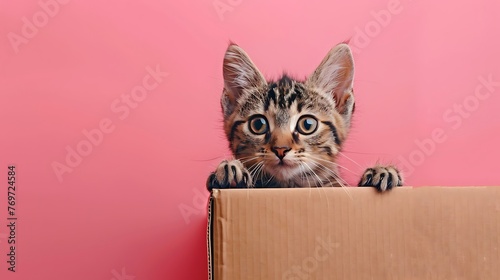 charming feline looking out of a cardboard box pink background