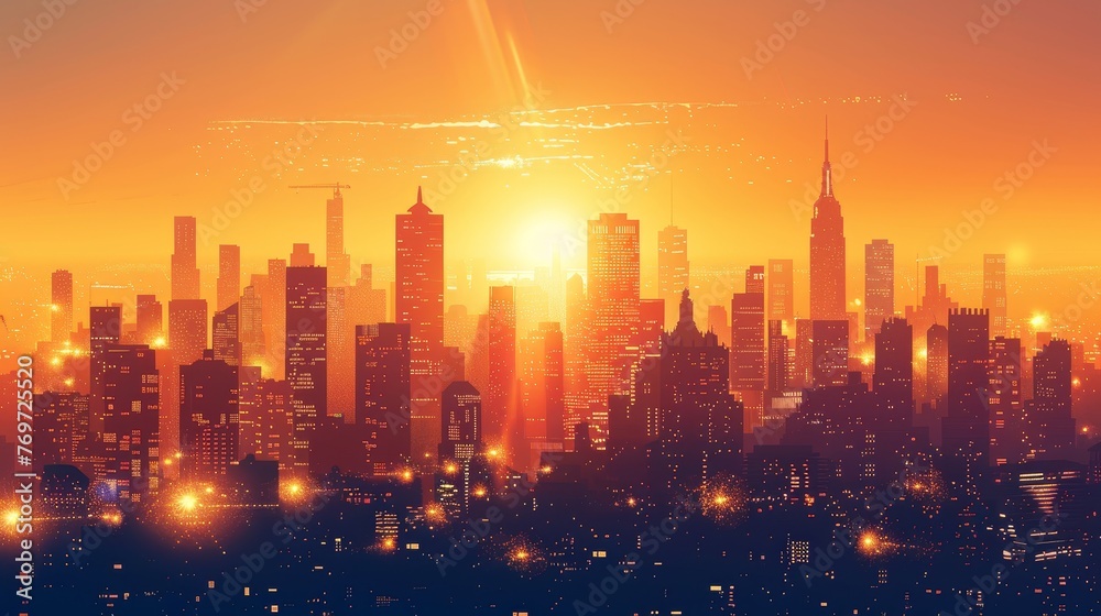 Fototapeta premium Skyline: A city skyline at sunset, with the warm glow of the sun casting a golden light over the buildings
