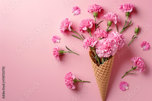 Waffle cone with beautiful carnation flowers on pastel pink background. Flat lay with copy space. Minimal spring concept.