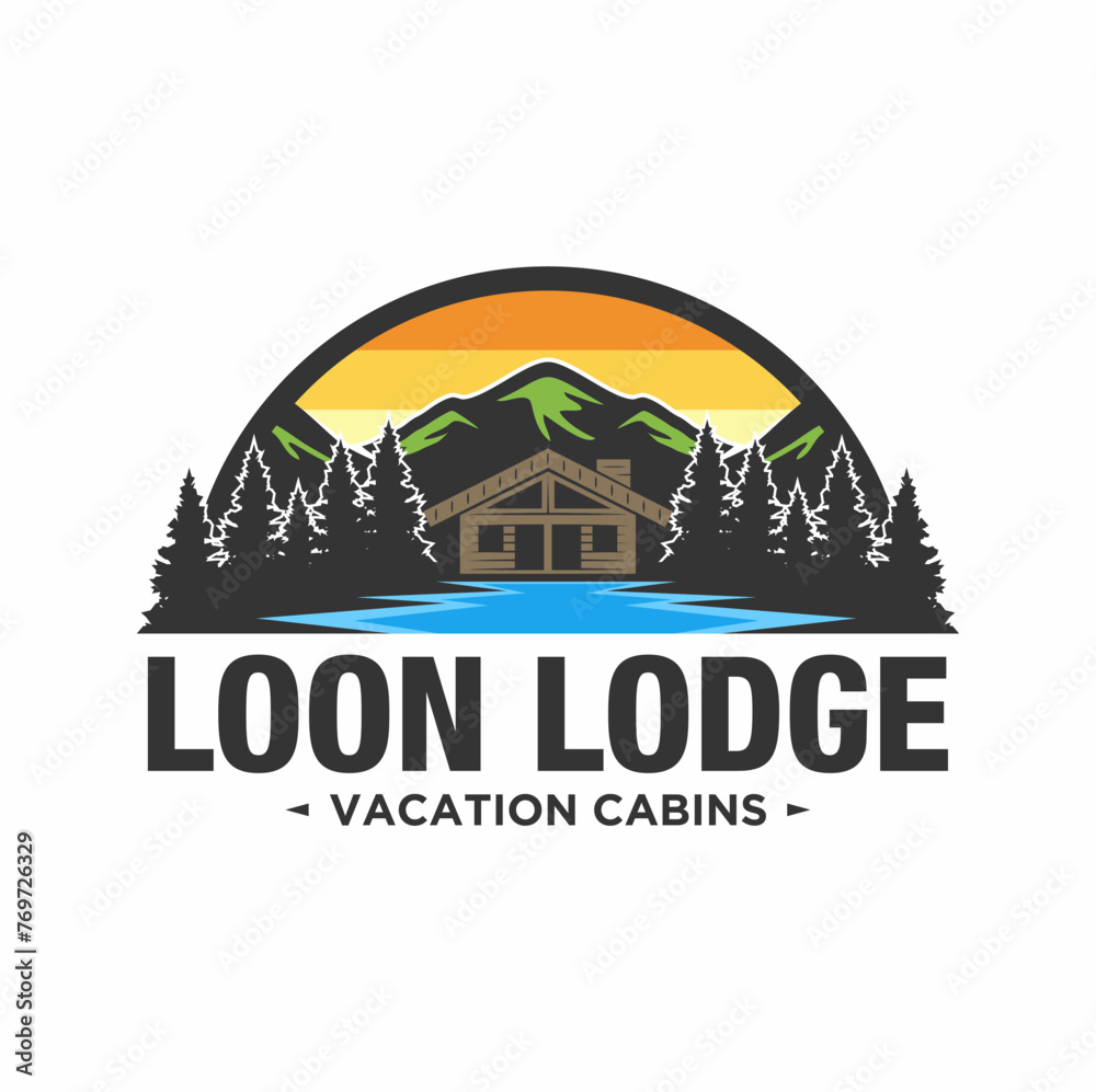 Cabin Logo template with mountain and lake view in forest