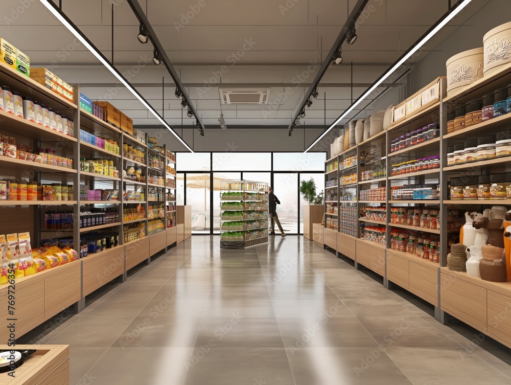 A large, empty grocery store with a lot of shelving and a person walking down the aisle