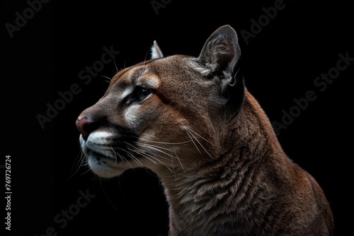 Black Background Cougar Portrait - Majestic Big Cat and Wild Predator Isolated in Wildlife Image