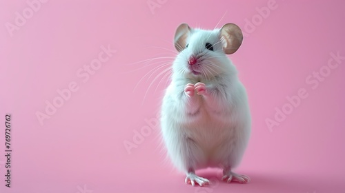 Charming white mouse singing with mouthpiece on pink background