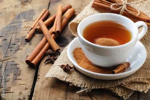 Cinnamon Tea on Wooden Table. Warm Cup of Aromatic Cinnamon Tea with Cinnamon Sticks  Perfect Beverage for Relaxation and Comfort