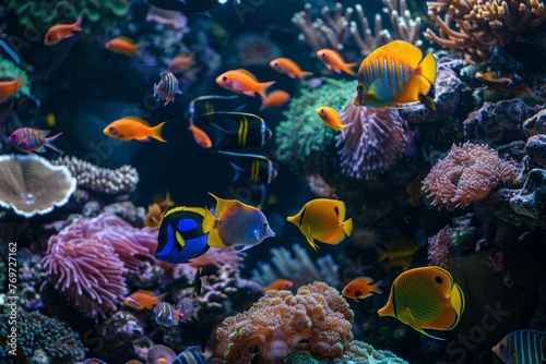 A large aquarium filled with lots of colorful fish swimming among vibrant coral reef and other marine creatures
