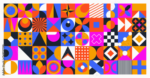 Abstract geometric banner minimal 50s mosaic style with geometry figures and shapes circle, triangle. square. Human psychology and mental health concept illustration.