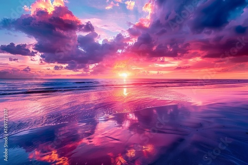A vibrant sunset paints the sky above the tranquil ocean, with clouds adding drama to the scene