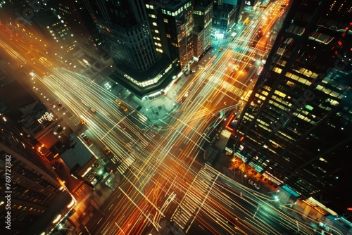 A bustling city intersection at night, with streams of traffic creating streaks of light as cars move through the streets