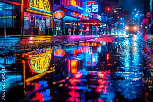 A vibrant city street at night shines with colorful neon lights, casting a bright glow on the wet pavement below