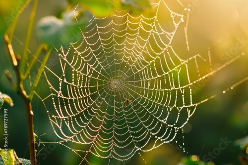 Close-up view of a dew-covered spider web on a plant, glistening in morning sunlight, highlighting intricate patterns and delicate structure
