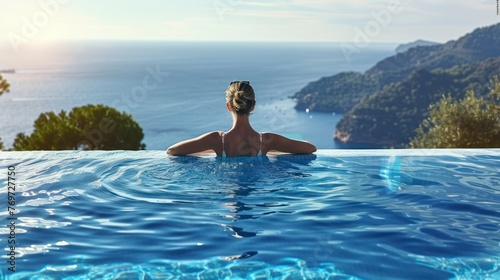The Graceful Back View of a Slim Female Immersed in the Beauty of Nature from an Infinity Pool s Edge