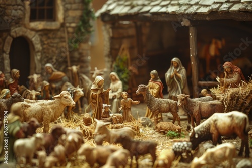 A nativity scene with figurines of people and animals depicting the birth of Jesus