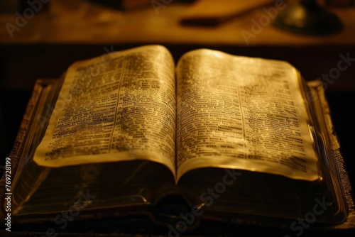 A macro shot of an open Bible showcasing highlighted passages, resting on top of a wooden table