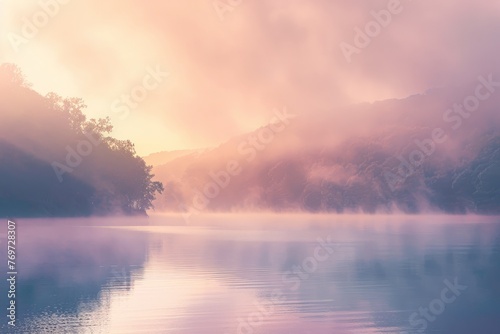 A body of water surrounded by towering mountains and fluffy clouds under the soft dawn glow