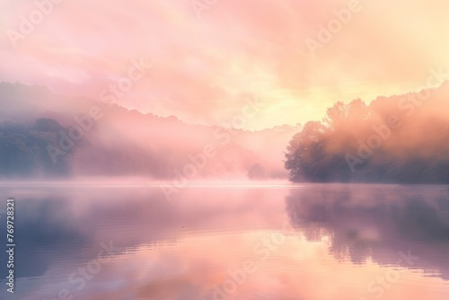 A lake surrounded by trees and clouds under the soft dawn glow of sunrise