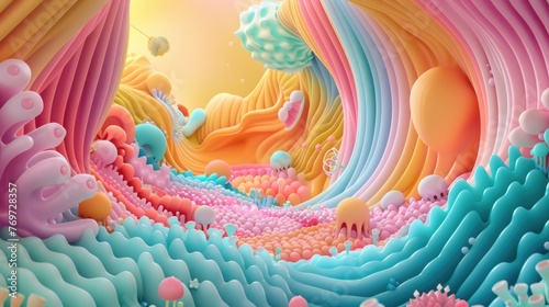 A whimsical portrayal of sound waves turning into whimsical creatures as they travel through the ear canal , 3D illustration